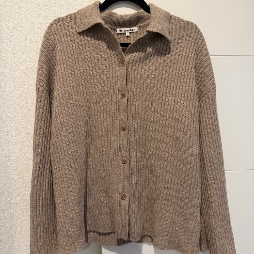 Reformation Ribbed Button-Up Cardigan in Taupe - Picture 2 of 4